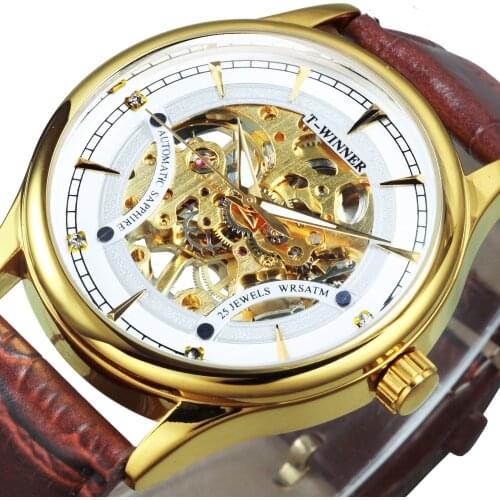 WINNER Fashion Luxury Wrist Watches For Men Golden Mechanical Watch Leather Strap Skeleton Dial Classic Business Reloj Hombre