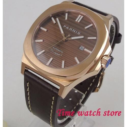 Parnis 44mm plated gold mechanical auto watch men waterproof square lether coffee dial luminous sapphire jewels japan wrist 1211