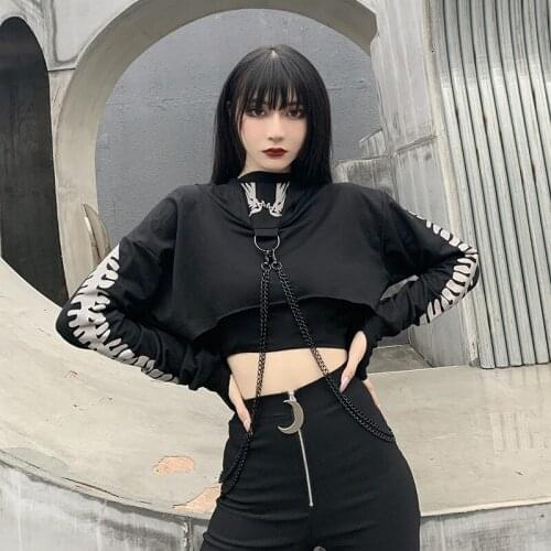 Gothic Chain Reflective Hoodies Women Aesthetic Grunge Winter Hoody Dark Halloween Print Crop Top Hooded
