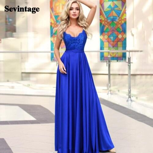 Sevintage Royal Blue Lace Long Evening Dresses Spaghetti Strap Satin Prom Gowns Scalloped Elegant Womens Formal Party Dress
