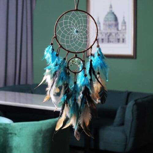 Q1JB Dream Catcher Blue Tree of Life with Feathers Mobile LED Fairy Lights Handmade Indians Traditional Circular Net 6.3 In