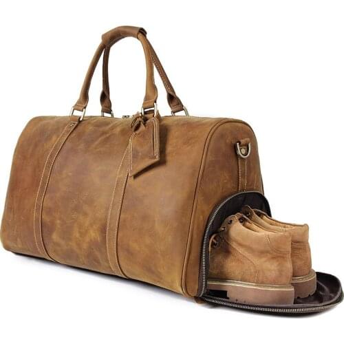 Men Duffle Bag Luggage Travel Bag Vintage Crazy Horse Genuine Leather Bag Natural Cowhide Large Weekend Bag Handbag X-7077L