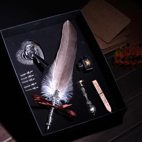 Best Grey Antique Nature Feather Dip Pen Set English Calligraphy Carved Pen with 5 Nibs 1 Pen Holder 1 Stamp 1 Ink 1 Seal Wax