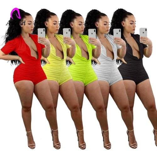 Neon Ruched Women Rompers One Piece Playsuit Sexy Deep V Neck Short Puff Sleeve Skinny Overalls 2021 Summer Party Club Bodysuits