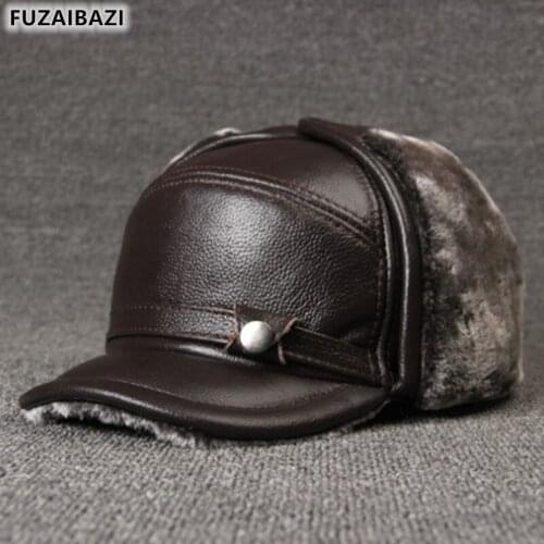 FUZAIBAZI New Cowhide Genuine Leather hat Middle-Aged Windproof Thermal Earmuff Bomber Cap Fashion Leisure Sports Winter Hat