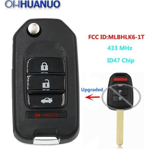 Upgraded Flip Remote Car Key Fob 3+1 Button 433MHz ID47 Chip for Honda Fit Civic XRV 2015 FCC ID:MLBHLK6-1T