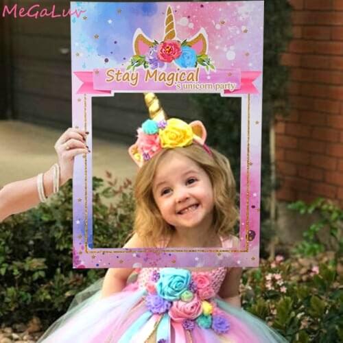 Rainbow Unicorn Birthday Pape Photo Frame Flamingo Mermaid Kids Girls Birthday Decoration Baby Shower Party Photo Frame Props