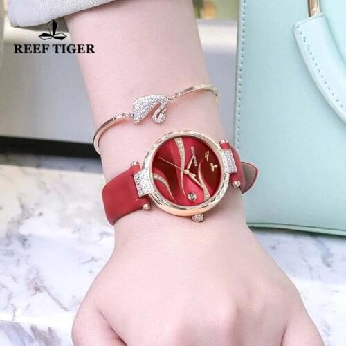 Reef Tiger/RT 2021 Rose Gold Case Diamonds Fashion Womens Automatic Mechanical Watch Sapphire Glass Waterproof Elegant Watches