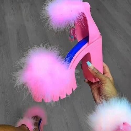 VOTODA Womens Fluffy Hairy Middle Heels Slippers Party Nightclub Non-slip Plush Slides Female Fashion Outdoor Faux Fur Slides