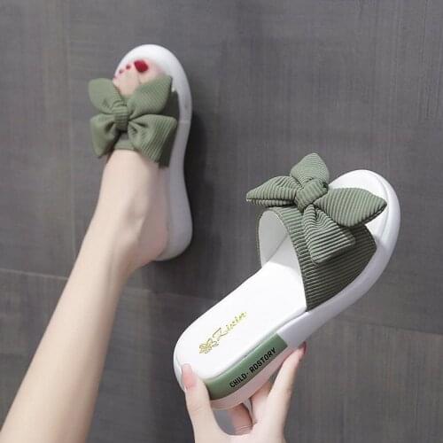 Thick-soled Sandals and Slippers for Womens Outer Wear 2021 Summer Open-toed Bowknot Net Red Womens Slippers Shoes Woman