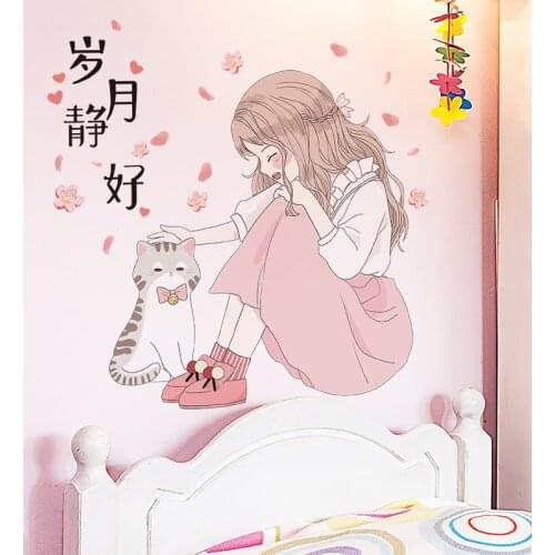 [shijuekongjian] Cartoon Girl Wall Stickers DIY Cat Animal Wall Decals for Kids Bedroom Baby Room Nursery House Decoration