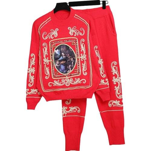 Red White Tracksuits Knitted Set Women Fashion Rivet Embroidery Sweater Pencil Pants Outfits Female Loose Casual Knit Suit 2pc