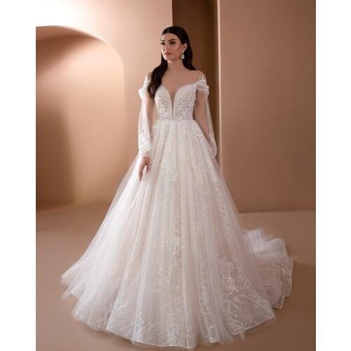 Robe De Mariage O-Neck Tulle Wedding Dress Long Sleeve Sukienka Na Wesele Button Back Vestido De Noiva Luxury Trouwjurk