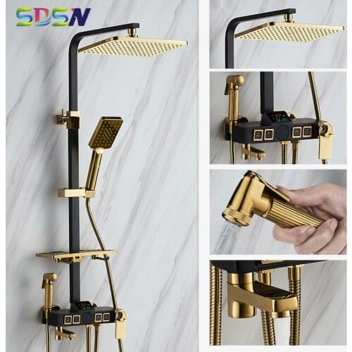 SDSN Thermostatic Shower Set Black Bronze Bathroom Mixer Faucets 12 Inch Gold Hand Shower Head Black Gold Digital Shower Set
