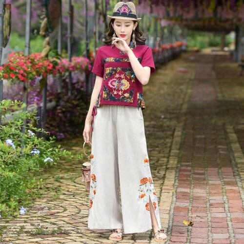 Vintage Ethnic Wide Leg Pants 2021 New Women Autumn Spring Chinese Style Trousers Cotton Linen Female Chinese Pants 12525