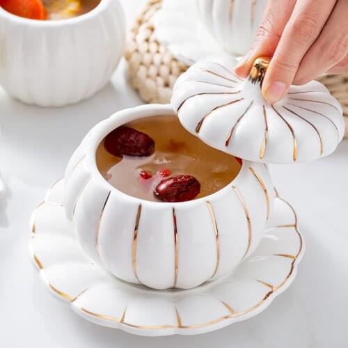 High-end Gold Pumpkin Shape Ceramic Soup Bowl with Lid Small Rice Kitchen Tableware Fruit Salad Dessert s