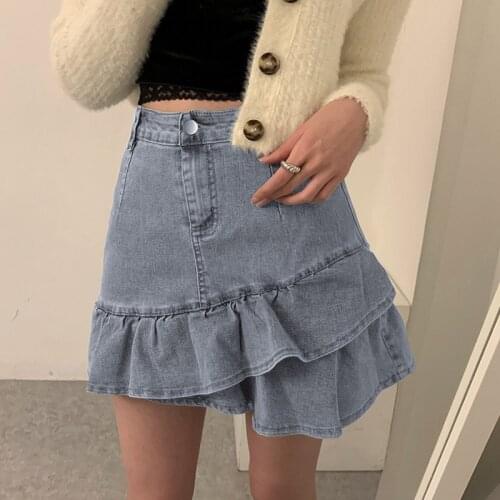 Sexy Ruffle Denim Skirt High Waist Irregular A Line Fashion Casual Skirts 2021 Summer Korean Harajuku Elegant Button Skirt