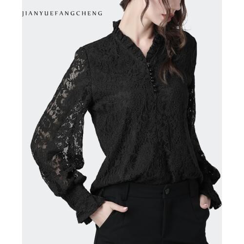 Ladies Floral Lace Blouses Hollow Out Long Sleeve Mesh Tops Ruffled V-Neck Loose Plus Size Womens Fashion Korean Autumn Blouse