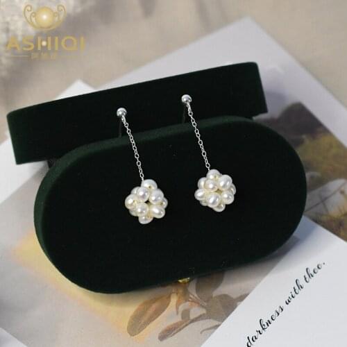 ASHIQI 925 Sterling Silver Drop Earrings for Women Natural Freshwater Pearl Jewelry Handmade woven ball fashion gift