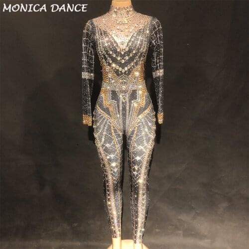 Women Classic Queen Sexy Stage Bodysuit Full Sparkling Crystals Stones Jumpsuit Party Celebrate Nightclub Performance Costume