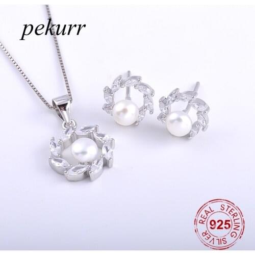 Pekurr 925 Sterling Silver Zircon Olive Wreath Freshwater Natural Pearl Earrings Necklace Sets For Women Round Pendant Jewelry