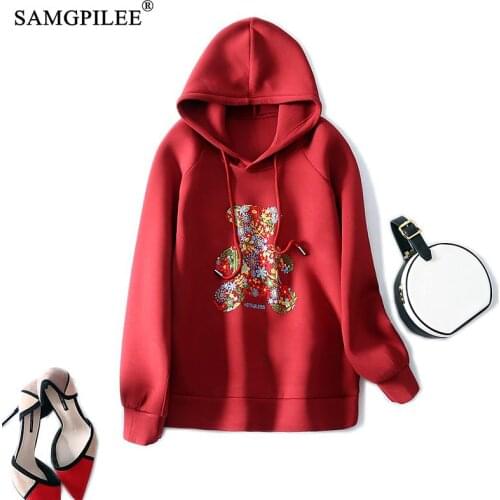Women Sweatshirt 2021 Casual Embroidery Cartoon Bear Pattern Sweater Hooded Collar Space Cotton Long Sleeved Oversized Hoodie