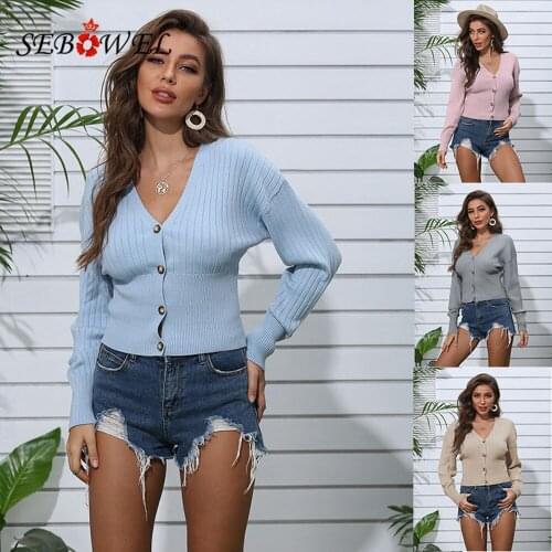 SEBOWEL Fashion Womens Short Style Button Knitting Cardigan Sweater Lady 2020 Autumn Spring Long Sleeve Sweaters Top S-XL