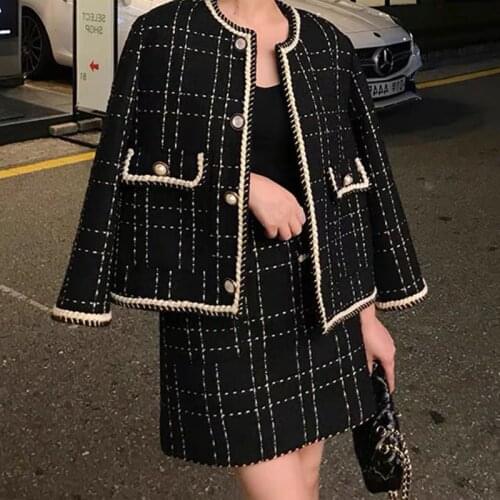 KoHuiJoo Tweed Blazer and Skirt Set Women Autumn Winter Fashion Button Long Sleeve Female 2 Piece Mini Skirt Suit Black