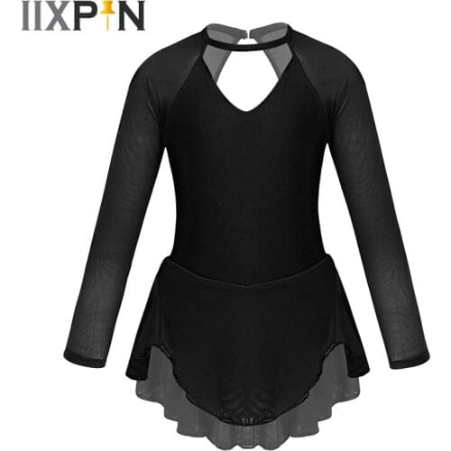 Girls Figure Ice Skating Dress Sheer Long Sleeves Tulle Splice Cutouts Back Roller Skating Ballet Dance gymnastics Leotard Dress