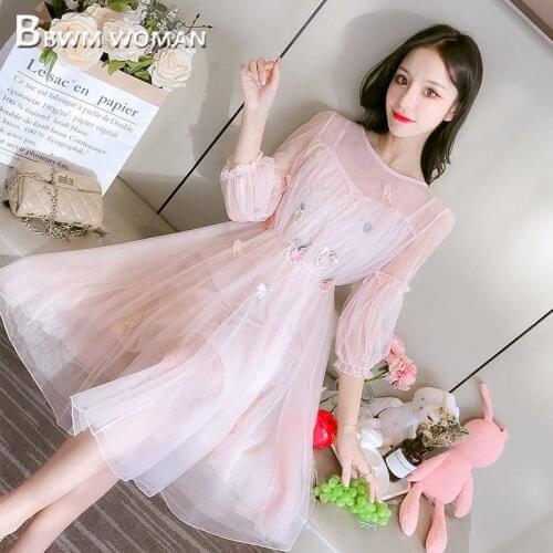 2019 Pink Grey Apricot Sweet Women Dress Autumn Round Neck Female Dresses