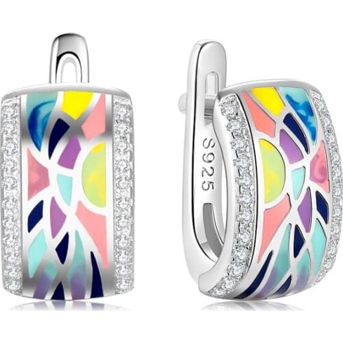 925 Silver Earring Colorful art painting Handmade Enamel Sparkling CZ Clip Earring For Women Wedding Gift Fine Europe Jewelry