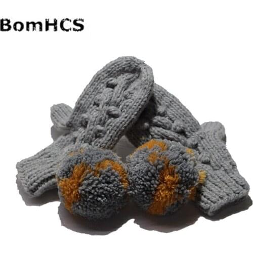 BomHCS 100% Handmade New Winter Cute Knit Gloves Womens Girls Thick Warm Mittens with Soft Pompoms 18F-317ST1
