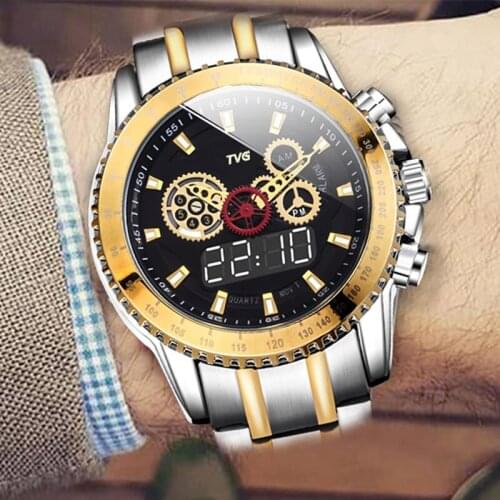2021 TVG Men Watches Luxury Gold Gear Design Dual Display Quartz Wristwatches Men Multifunction Sport Watches Reloj Hombre Clock