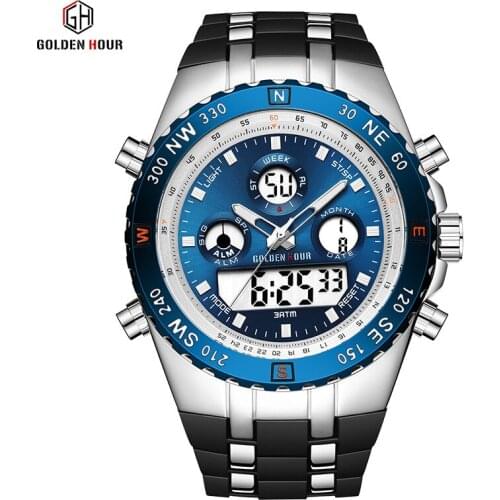 GOLDENHOUR GH124 Digital Analog Watches Men Chronograph Watch Quartz Waterproof Stainless Steel Watches Men Wrist