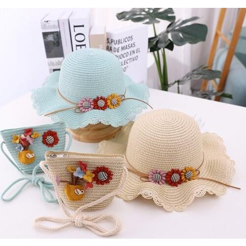 Hot Sale Summer Child Straw Hat And Handbag Set Outdoor Kids Holiday Sun Hat Girls Baby Cute Sweet Flowers Beach Cap Gorros