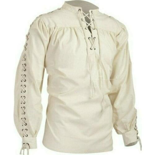 Men Medieval Shirt Top Fancy Dress Pirate Retro Gothic Renaissance Bandage Solid