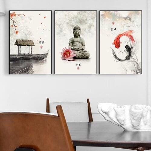 Chinese Vintage Yin Yang Fish Buddhism Posters And Prints Still Life Ink Wall Art Canvas Painting For Living Room Decoration