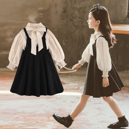 Teen Girls Clothing Spring Cotton Long Sleeve Blouse And Black Dress Sets Fashion Elegant Kids Clothes Sets Girls Outfits