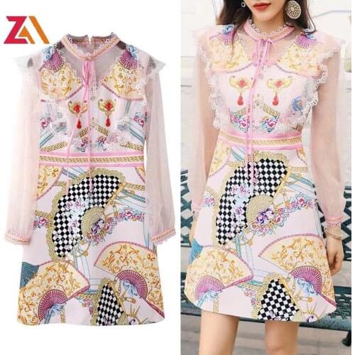 Summer Fashion Designer Dress Women Mesh Long sleeve Lace Patchwork Ruffles Floral print Ladies pink party Mini Dresses vestidos