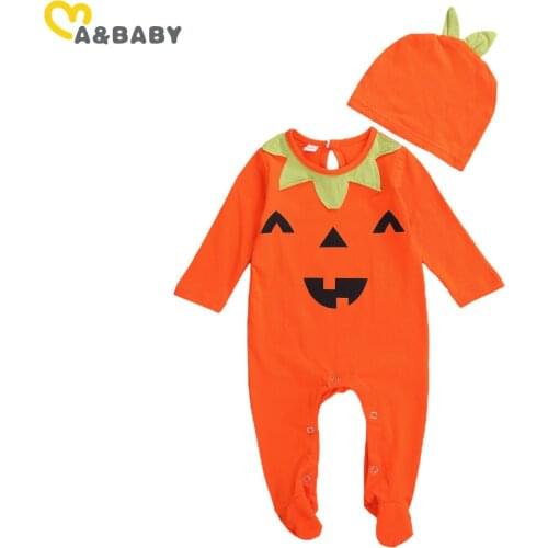 Ma&Baby 0-6M Halloween Baby Boy Girl Pumpkin Jumpsuit Newborn Infant Baby Long Sleeve Footies Soft Baby Party Clothes + Hat