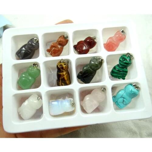 Natural stone Turquoises Quartz crystal tiger eye aventurine Cat pendant for diy Jewelry making necklace Accessories12pcs