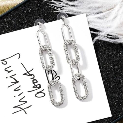 New Personality Fashion Long Shiny Rhinestone Metal Chain Dangle Pendientes Temperament Geometric Women Earrings Jewelry 6C1015