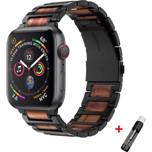 Strap for Apple Watch Band 44mm 42mm 40mm 38mm Wooden&Stainless Steel Link Bracelet for iWatch band Apple 6/5/4/3/2/1 wristband