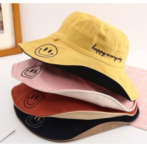 Womens Smiley Letter Face Double-Sided Bucket Hat Trendy Sunscreen UV Panama Hat Big Brim Outdoor All-Matching Fisherman Caps