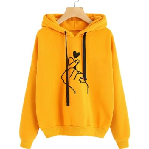 Harajuku Womens Sweatshirt and Hoody Ladies Oversize K Pop Yellow Pink Love Heart Finger Hood Casual Hoodies for Women A30815