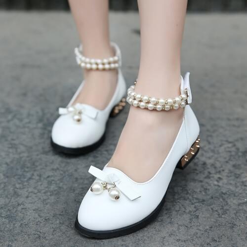 Girls Genuine Leather Shoes 2020 Spring Fall Children Fashion Rhinestone Pearls Beading Princess Single Shoes Wedding Shoes X107