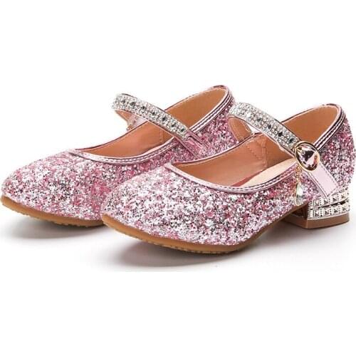 Spring Autumn Fashion Princess Shoes High Heels Girls Shoes Children Sequined Rhinestone Shiny Leather Shoes 4 5 6 7 8 9 10 11 Y