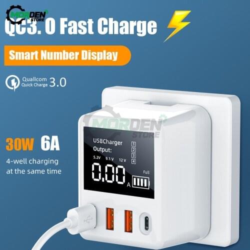 New QC3.0 Fast Charging Type C USB Charger 4 Ports Portable Charger 30W LED Display For Phone Travel Wall Charger Socket