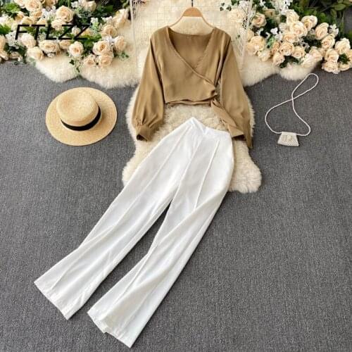 Women Sexy V Neck Blouse Two Piece Sets Spring Autumn High Waist White Pants Outfits Ladies Elegant 2 Pcs Set Shirts Suits