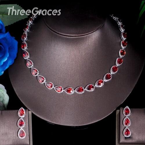 ThreeGraces Noble Red Crystal Water Drop Cubic Zirconia Luxury Big Necklace Earrings Set for Ladies Party Costume Jewelry TZ533